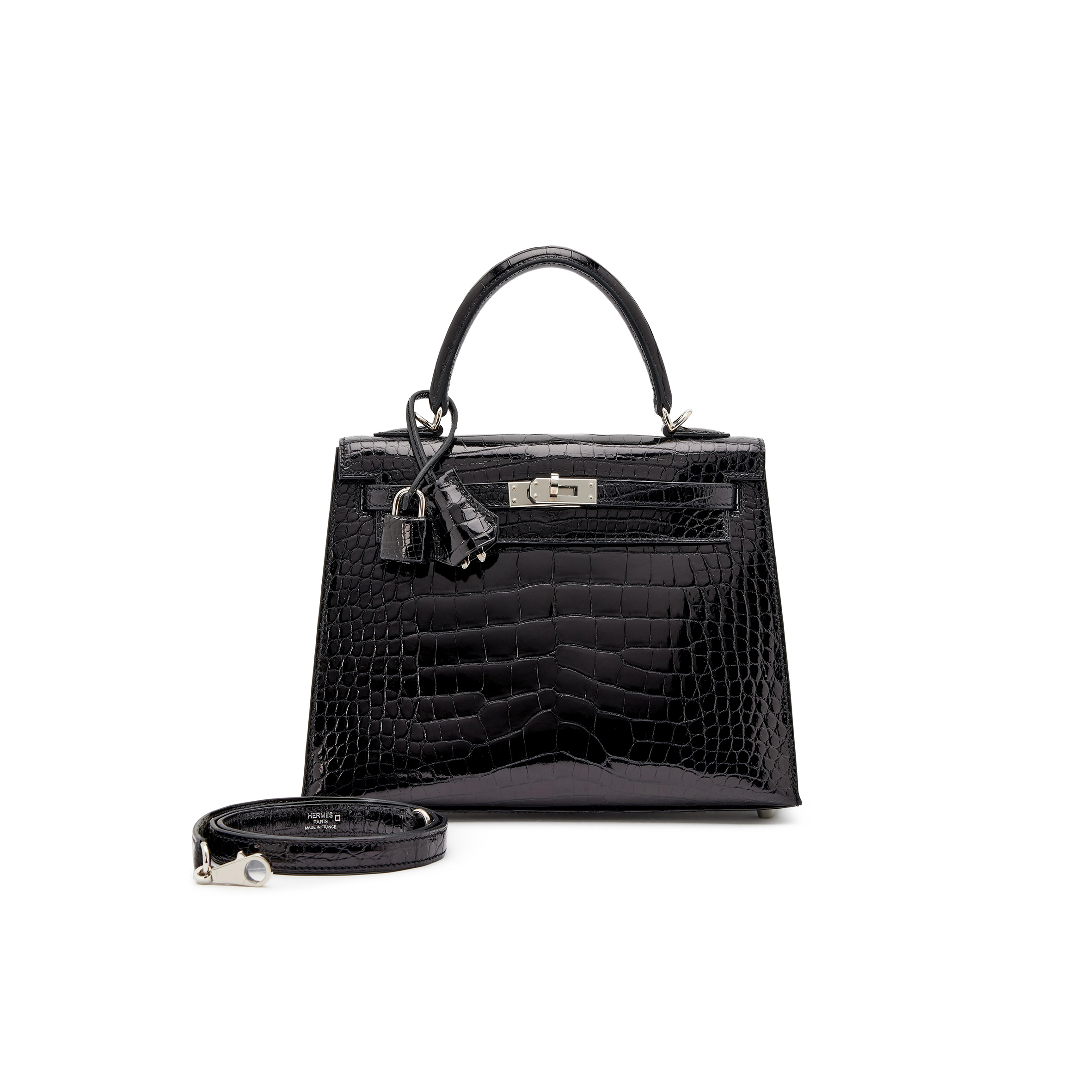 HERMÈS MASTER BLACK SHINY ALLIGATOR KELLY 25 SELLIER PALLADIUM HARDWARE (25*17*7cm)